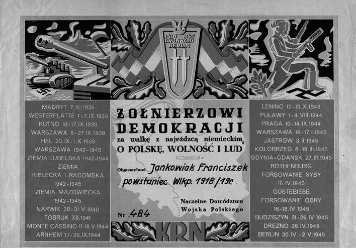 3. Dyplom pamiątkowy przyznany powstańcowi Franciszkowi Jankowiakowi w 1946 r. sygnowany przez Naczelne Dowództwo Wojska Polskiego, ze zb. cyryl.poznan.pl
