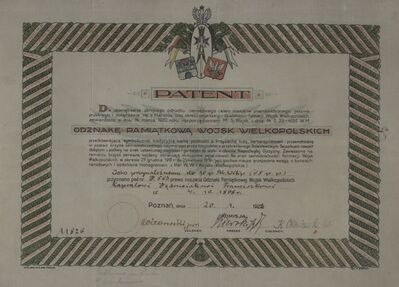MPW 00039 - Patent nadania Odznaki Pamiątkowej Wojsk Wielkopolskich kapralowi Franciszkowi Jędrusiakowi z 10 Pułku Strzelców Wielkopolskich, 1922 r.