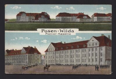 MPW 00239 - Pocztówka, Koszary Pionierów, Poznań-Wilda. Na odwrocie korespondencja w języku niemieckim, stempel pocztowy z datą 23.6.16, 1916 r.