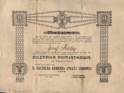 MPW 00244 - Patent nadania Józefowi Ratajowi odznaki pamiątkowej &quot;Za waleczność&quot; Naczelnej Komendy Straży Ludowej, Poznań 27 grudnia 1919 r.