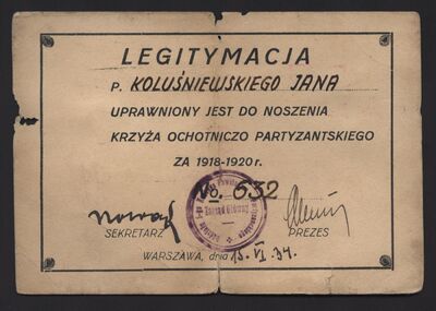 MPW 00415 - Legitymacja Jana Koluśniewskiego uprawniająca do noszenia odznaczenia &quot;Krzyża Ochotniczego Partyzantskiego za 1918-1920 r.&quot;, 1934 r.