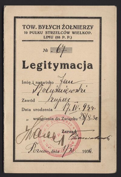 MPW 00428 - Legitymacja Towarzystwa Byłych Żołnierzy 10 Pułku Strzelców Wielkopolskich należąca do Jana Koluśniewskiego, 1930 r.