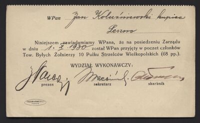 MPW 00429 - Druk zawiadamiający o przyjęciu Jana Koluśniewskiego w poczet członków Towarzystwa Byłych Żołnierzy 10 Pułku Strzelców Wielkopolskich (68 Pułk Piechoty), 1930 r.