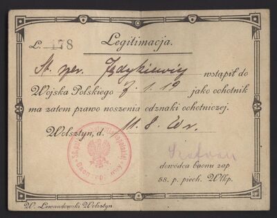 MPW 00552 - Legitymacja poświadczająca wstąpienie Józefa Jędykiewicza do Wojska Polskiego, 1920 r.