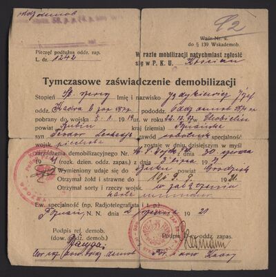 MPW 00557 (1) - Tymczasowe zaświadczenie o demobilizacji - st. szer. Józef Jędykiewicz - (awers), 1921 r.