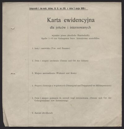MAP D II - &quot;Karta ewidencyjna dla jeńców i internowanych&quot;, załącznik I. do rozkazu dziennego Dowództwa Głównego Armii Wielkopolskiej nr. 128. z dnia 7 maja 1919 r.