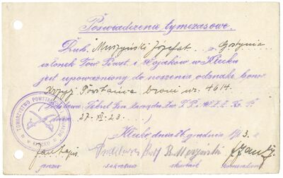 MPW 00460 - Poświadczenie tymczasowe na nazwisko Józefat Muszyński z Gostynia, upoważniające do noszenia Krzyża Powstańca Broni nr 4614 z 27 XII 1923 roku; Kłedzko, 1923.12.26