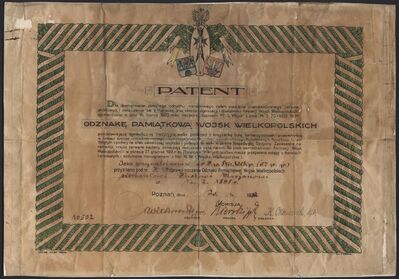 MPW 00271 - Patent nadania Marianowi Justowi odznaki pamiątkowej Wojsk Wielkopolskich, 1922 r.
