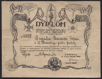 AF 1679 - Dyplom nadania odznaki pamiątkowej 14 Dywizji Piechoty (1 Dywizja Strzelców Wielkopolskich) st. sierż. Leonowi Biniaziowi, 1928 r.