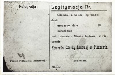 Fotokopia legitymacji członka Straży Ludowej w Pleszewie