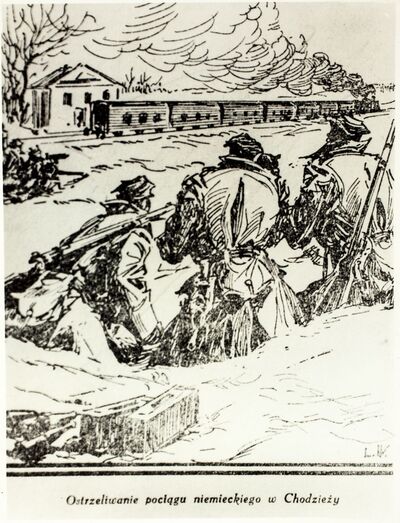 Rysunek przedstawiający ostrzeliwanie niemieckiego pociągu w Chodzieży
