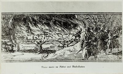 Rysunek przedstawiający pożar mostu pod Białośliwiem
