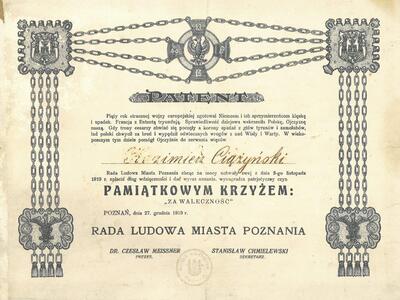 Patent Odznaki Pamiątkowy Krzyż „Za waleczność” Rady Ludowej Miasta Poznania