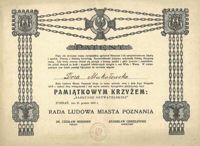 Patent odznaki Pamiątkowy Krzyż „Zasłudze obywatelskiej” Rady Ludowej Miasta Poznania