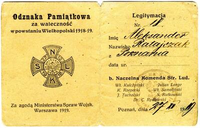 Legitymacja Odznaki Pamiątkowej za waleczność w powstaniu Wielkopolski 1918-19 byłej Naczelnej Komendy Straży Ludowej