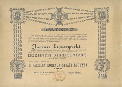 Patent Odznaki Pamiątkowej za waleczność w powstaniu Wielkopolski 1918-19 byłej Naczelnej Komendy Straży Ludowej