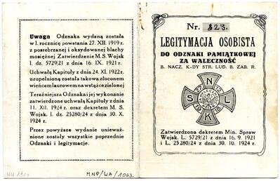 Legitymacja Odznaki Pamiątkowej za waleczność byłej Naczelnej Komendy Straży Ludowej byłego zaboru pruskiego