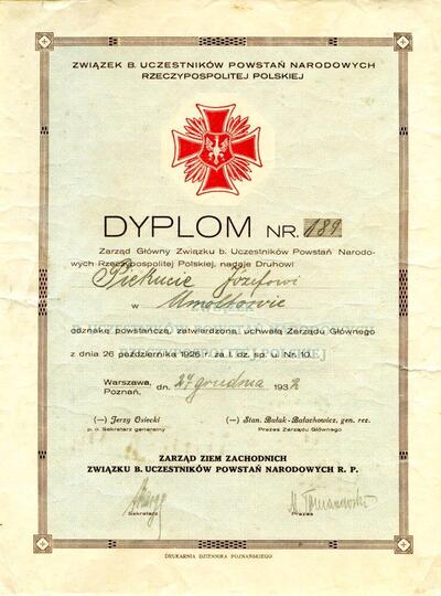 Dyplom Odznaki powstańczej Związku b. Uczestników Powstań Narodowych Rzeczypospolitej Polskiej 1914-1919