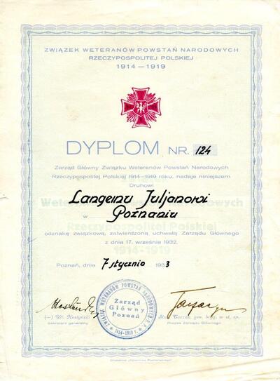 Dyplom odznaki Związku Weteranów Powstań Narodowych Rzeczypospolitej Polskiej 1914-1919