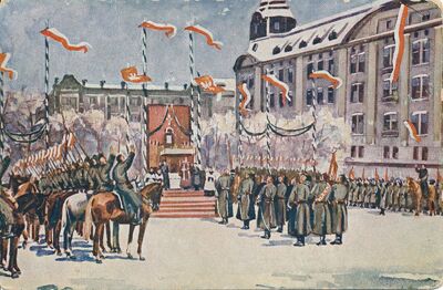 Przysięga wojsk polskich pod dowództwem generała Dowbór Muśnickiego w niedzielę 26 stycznia 1919 r. w Poznaniu na placu wolności.